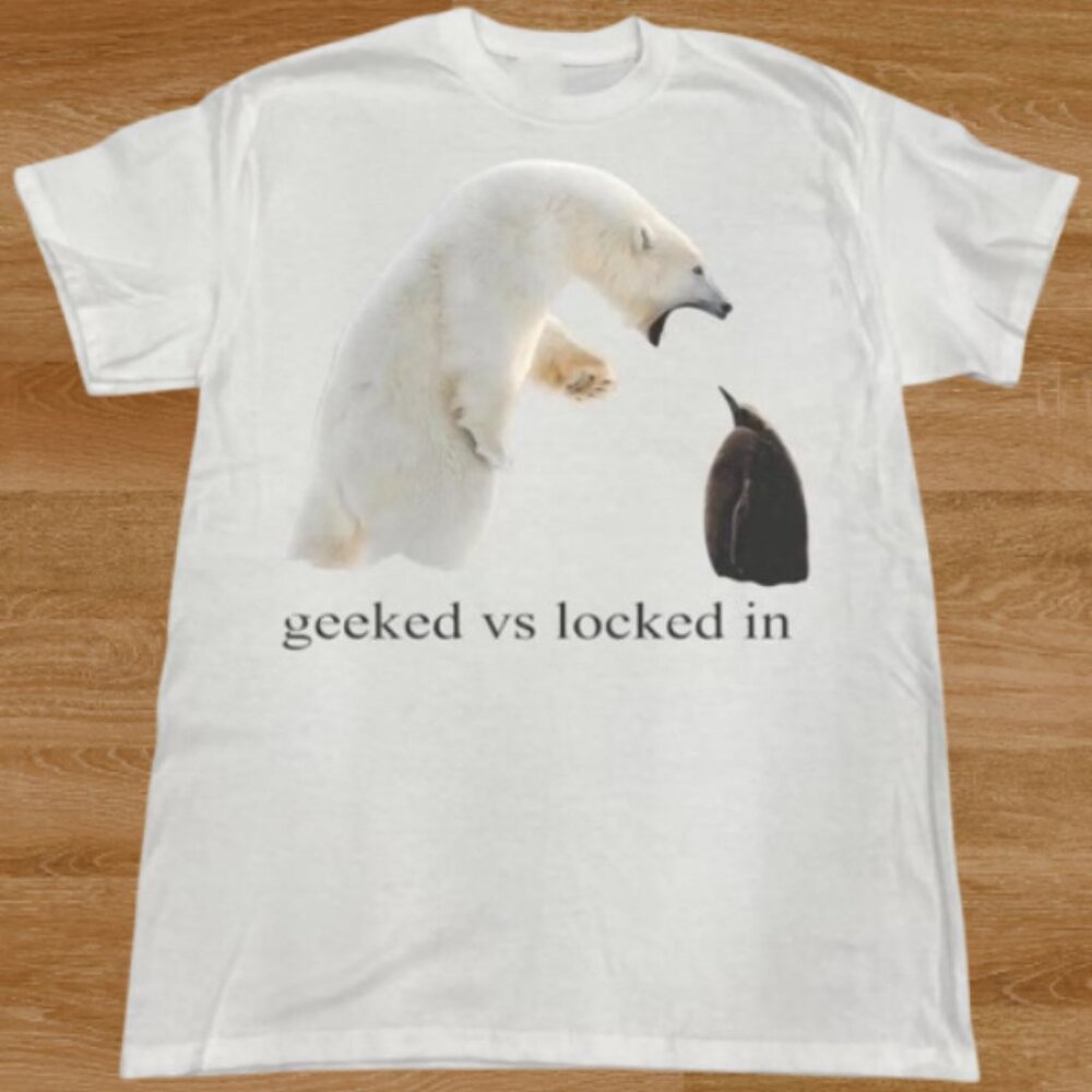 Geeked vs Locked In Polar Bear Funny Meme Graphic Tshirt